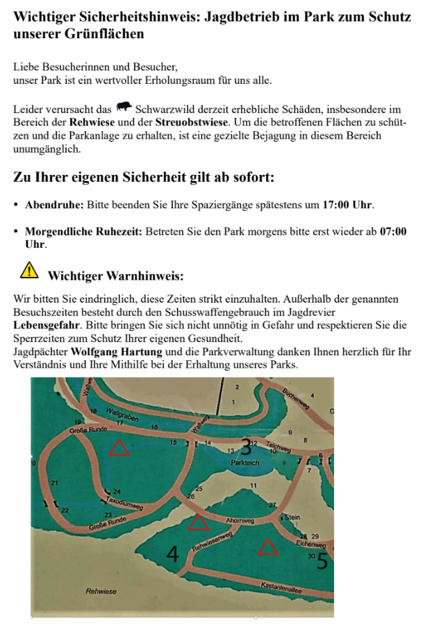 Hinweis zur Jagd im Cösitzer Park